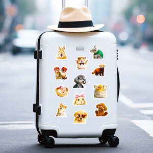 Cute animal stickers featuring dressed-up pets on a travel suitcase for DIY decoration