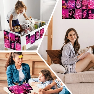 Detail view of 10-piece neon pink aesthetic wall collage cards set for bedroom decor
