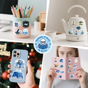 Blue-themed book lover stickers applied on phone cases, bottles, and journals for decoration
