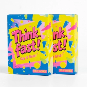 Think Fast party card game featuring 50 vibrant pop art cards for quick thinking fun