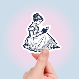 Close-up of vintage lady reading sticker held by hand for blue aesthetic journaling