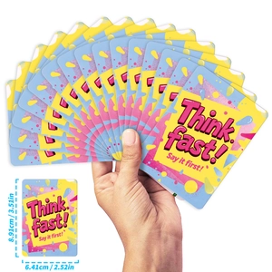 Detailed dimensions of the Think Fast! board game cards showing 8.91cm x 6.41cm size