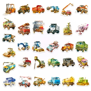 Set di 56 adesivi acquerello di veicoli da cantiere con escavatori e camion realistici