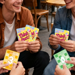 Friends playing Think Fast card game in a cafe with colorful pop art cards in hand