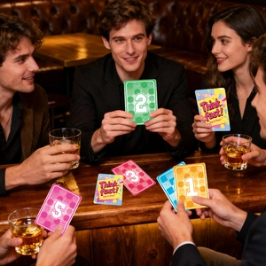 People playing Think Fast party game with colorful numbered cards on a wooden table