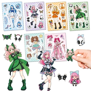 Set di 6 fogli di adesivi puzzle anime girl con elementi musicali per scrapbooking DIY