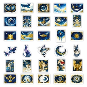 Vintage sterrenblauwe en gouden stickers met mystieke kastelen en dromerige maanpatronen