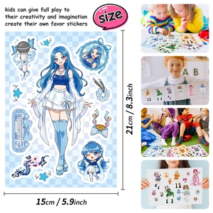 Set di 6 adesivi per ragazze anime con elementi musicali e guida alle taglie 15x21cm