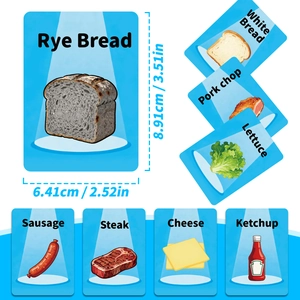Educational food game cards with various ingredients shown in size 8.91x6.41cm for kids