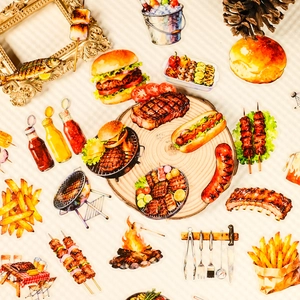 Autocollants Barbecue Aquarelle PET Transparents Avec Motifs Grill Burger Hotdog Pour Scrapbooking Décoration Journal