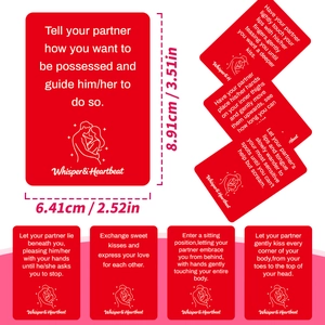 Detail view of red couple interaction cards with English commands and round edge design