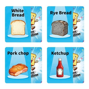 Educational food-themed card game featuring illustrated hamburger ingredients on blue background