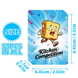 Detailed size specifications for Kitchen Competition cards featuring 50 cartoon sandwich pieces