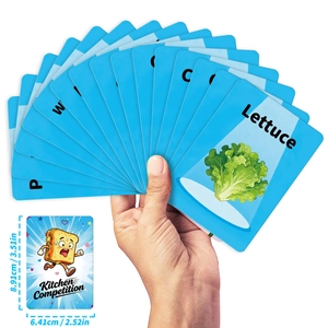 Macro detail showing Kitchen Competition lettuce card dimensions and paper texture