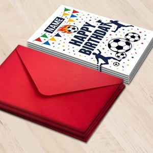 Soccer themed birthday card set with envelopes and colorful football motifs for fans