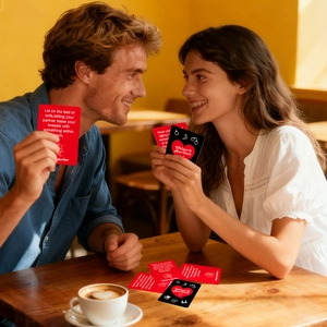 Couple interacting with interactive game cards featuring romantic prompts in a cafe setting