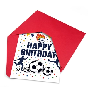 Soccer theme birthday card set with a red envelope and dynamic football elements