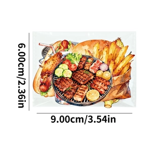 Vue détaillée des dimensions des autocollants aquarelle BBQ de 6,00 cm sur 9,00 cm