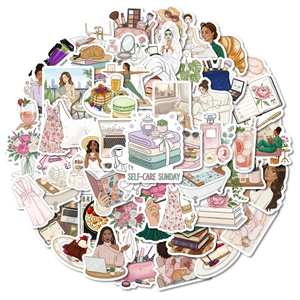 Set de 56 pegatinas de autocuidado con ilustraciones de moda y elementos de comida