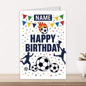 Detailed view of soccer birthday card with HAPPY BIRTHDAY text and custom name box on wood