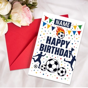 Detailed view of soccer-themed birthday card with red envelope and festive sports elements