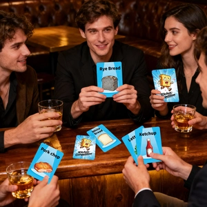 Groups of friends playing Kitchen Competition card game with cartoon food illustrations