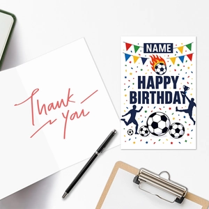 Detail of soccer themed happy birthday greeting card with customized name field and pen