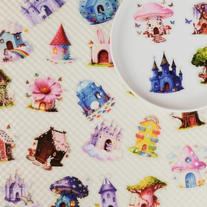 Dreamy fairy tale cottage PET stickers set featuring mushrooms and castles for journaling