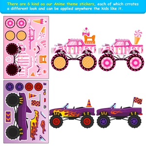 Macro detail of DIY monster truck stickers with candy and flame themes for kids