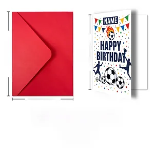 Detailed view of soccer birthday card set with red envelope and precise dimensions