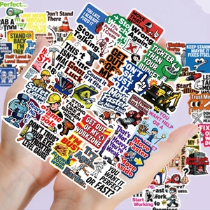 Macro shot of 56pcs colorful waterproof construction stickers with funny tool slogans