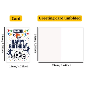 Folded and flat view of football birthday card with dimensions 18x12cm and 18x24cm