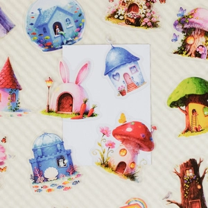 Detailed view of fairy tale mushroom house and castle PET stickers for planners