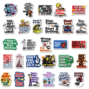 Set of 30 funny construction worker stickers with tools and excavator motifs for decoration