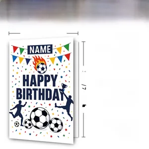 Detailed view of soccer birthday card with 300GSM paper weight and 12x18cm dimensions