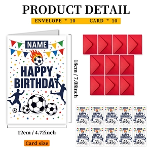 Detail view of soccer birthday card set with 10 cards, red envelopes and 12x18cm dimensions