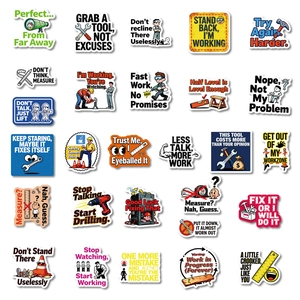 Pack of 30 humorous construction themed stickers for toolboxes and laptops decor