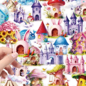 56Pcs transparent PET fairytale stickers featuring cute mushroom houses and magic castles
