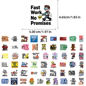 Detailed view of construction stickers set showing dimensions and various funny designs