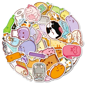 Macro view of cute cartoon cat stickers featuring creative food and container designs