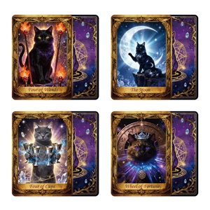 Whimsical cat tarot card set featuring 4 fantasy designs with gold borders for parties
