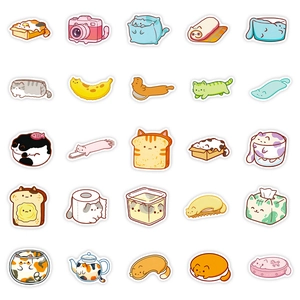 Cute cartoon cat stickers set with creative food and object designs in a neat grid