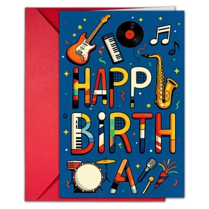 Detailed view of music-themed birthday card with instruments and a red envelope