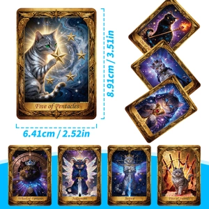Artistic cat-themed tarot cards with whimsical illustrations for party entertainment