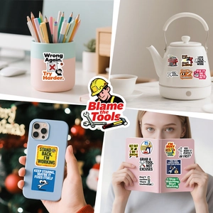 Waterproof PVC construction humor stickers shown on phone case and laptop surfaces