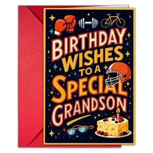 Close-up of birthday card for grandson with sports theme icons and red envelope