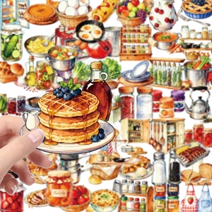 Close-up of watercolor food stickers with blueberry pancakes and kitchen tools for scrapbooking