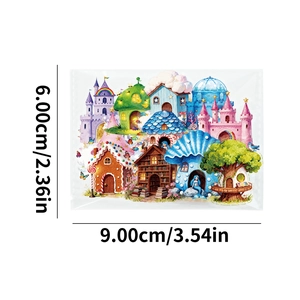 Detail view of 6cm fairytale house stickers with measurements for DIY journals