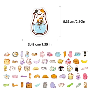 Set of 56 cute cartoon cat stickers with food and vase themes for scrapbooking