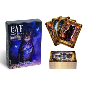 Detail of whimsical cat tarot cards with golden edges and wizard cat packaging